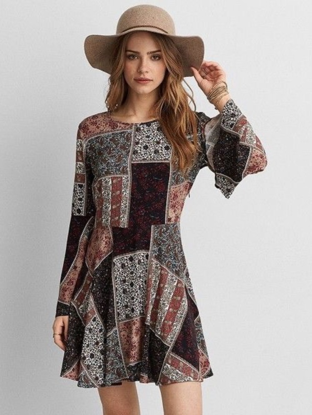 American Eagle Boho Patchwork Long-Flare Sleeve Swing Dress Festival Hippie Fall